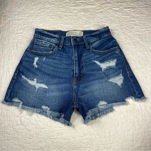 🔥Abercrombie & Fitch Distressed High Waist Denim Shorts Mid Wash Frayed Hem
